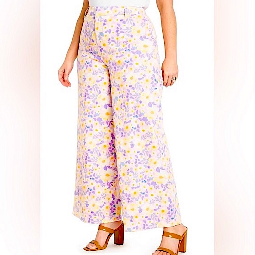 Eloquii Wide Leg Floral Pants in Lavender and Yellow